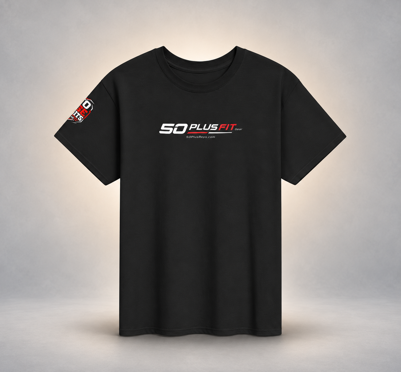 Black 50 Plus Fit Gear brand shirt displayed against a light studio background