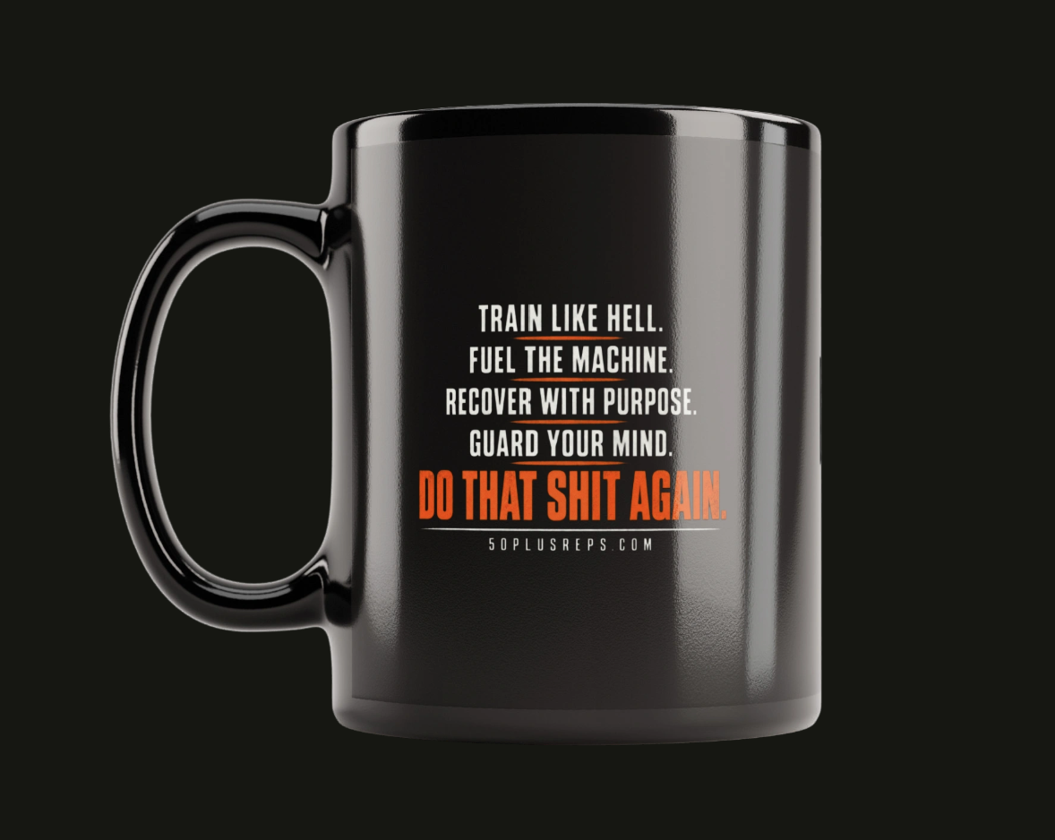 Black 50 Plus Reps motivational mug, this month's community giveaway prize